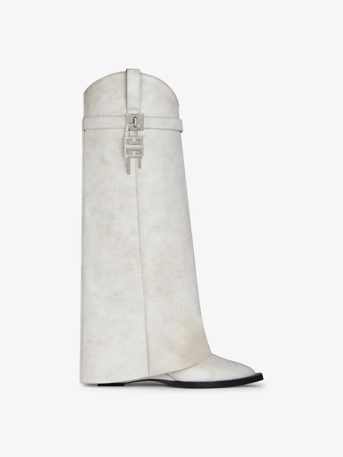 Givenchy Shark Lock Cowboy Boots In Aged Leather Ivory Women Shark Lock