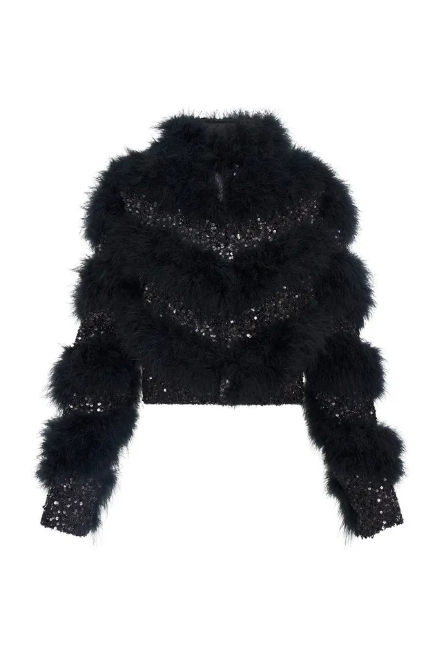 Jackets and Coats WomenKids LoveShackFancy Curran Sequin Feathered Jacket Black
