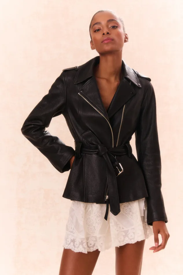Jackets and Coats WomenKids LoveShackFancy Montine Lamb Leather Moto Jacket Black