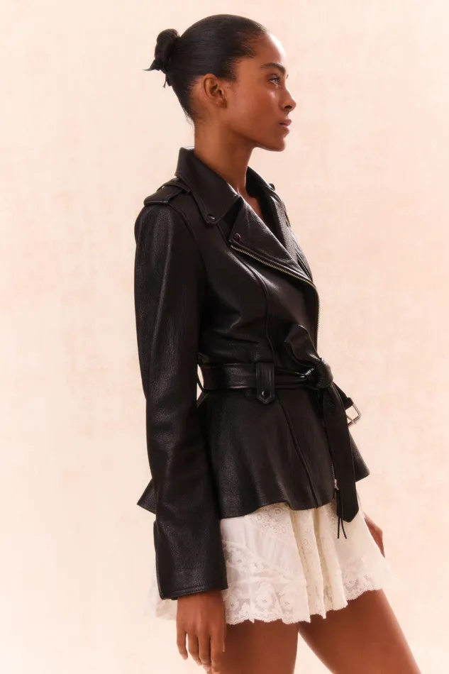 Jackets and Coats WomenKids LoveShackFancy Montine Lamb Leather Moto Jacket Black