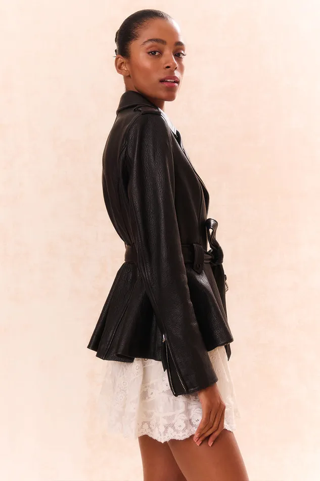 Jackets and Coats WomenKids LoveShackFancy Montine Lamb Leather Moto Jacket Black