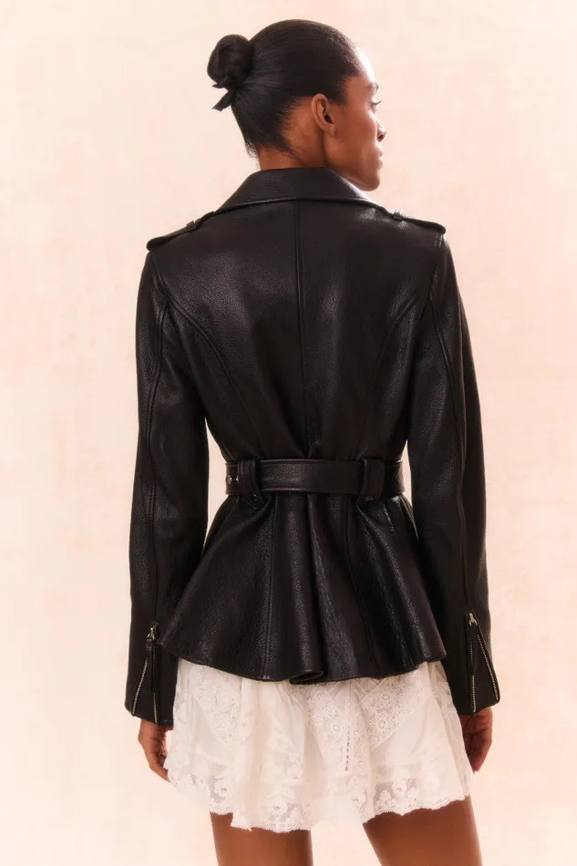 Jackets and Coats WomenKids LoveShackFancy Montine Lamb Leather Moto Jacket Black