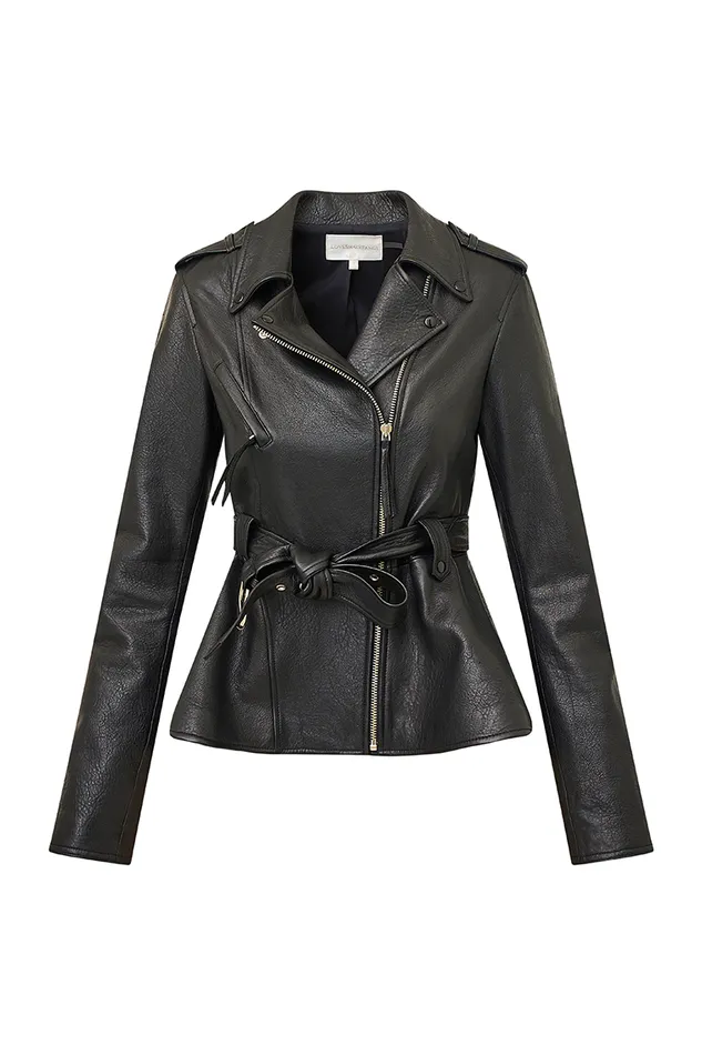 Jackets and Coats WomenKids LoveShackFancy Montine Lamb Leather Moto Jacket Black