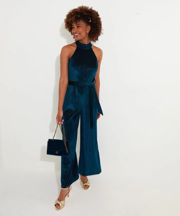 Joe Browns Petite Collection Women Statement Velour Jumpsuit Teal
