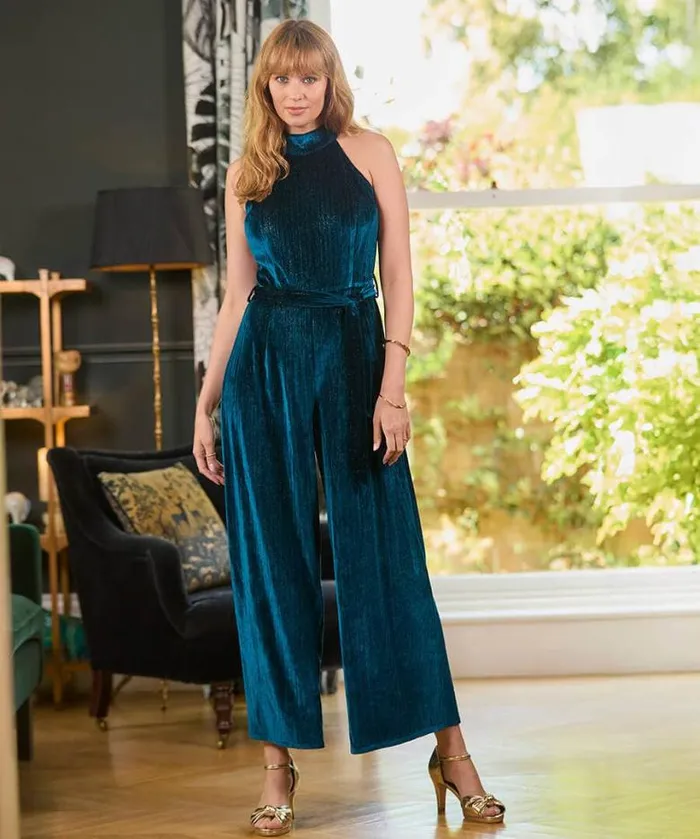 Joe Browns Petite Collection Women Statement Velour Jumpsuit Teal Joe Browns Petite Collection Women Statement Velour Jumpsuit Teal