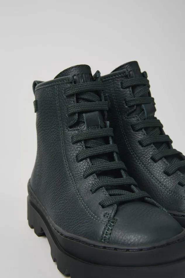 Kids Brutus Dark Green Leather Ankle Boots For Kids Camper Boots