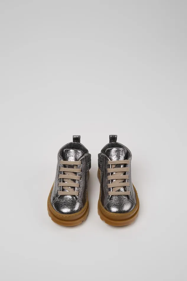 Kids Brutus Metallic Gray Leather Ankle Boots For Kids Camper Boots Kids Brutus Metallic Gray Leather Ankle Boots For Kids Camper Boots