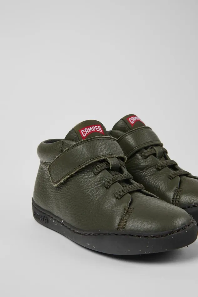 Kids Peu Touring Green Leather Ankle Boots For Kids Camper Boots