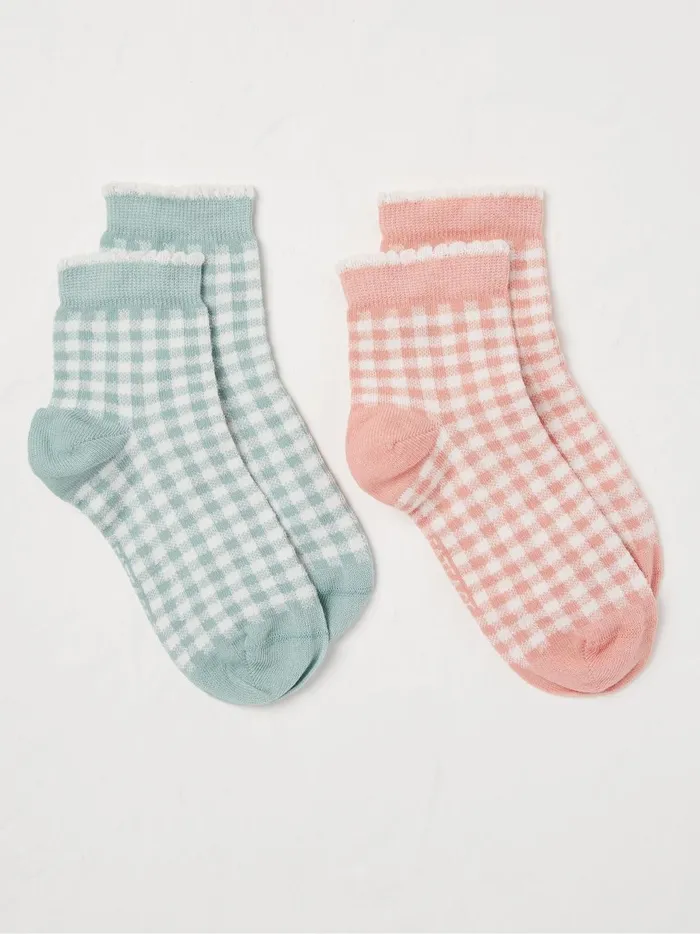 Kids Socks Fat Face Pink Gingham Ankle Socks 2 Pack