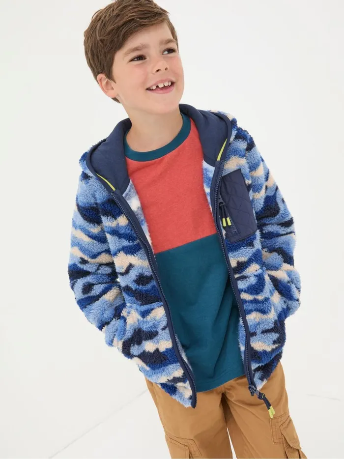 Kids Sweatshirts and Hoodies Fat Face Blue Camo Zip Through Fleece