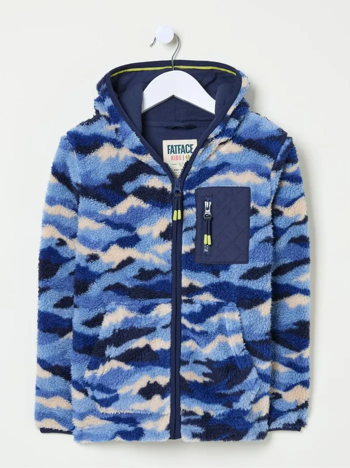 Kids Sweatshirts and Hoodies Fat Face Blue Camo Zip Through Fleece