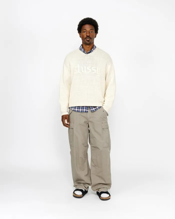 Knits MenWomen Stussy EMBROIDERED VNECK LOGO SWEATER Natural