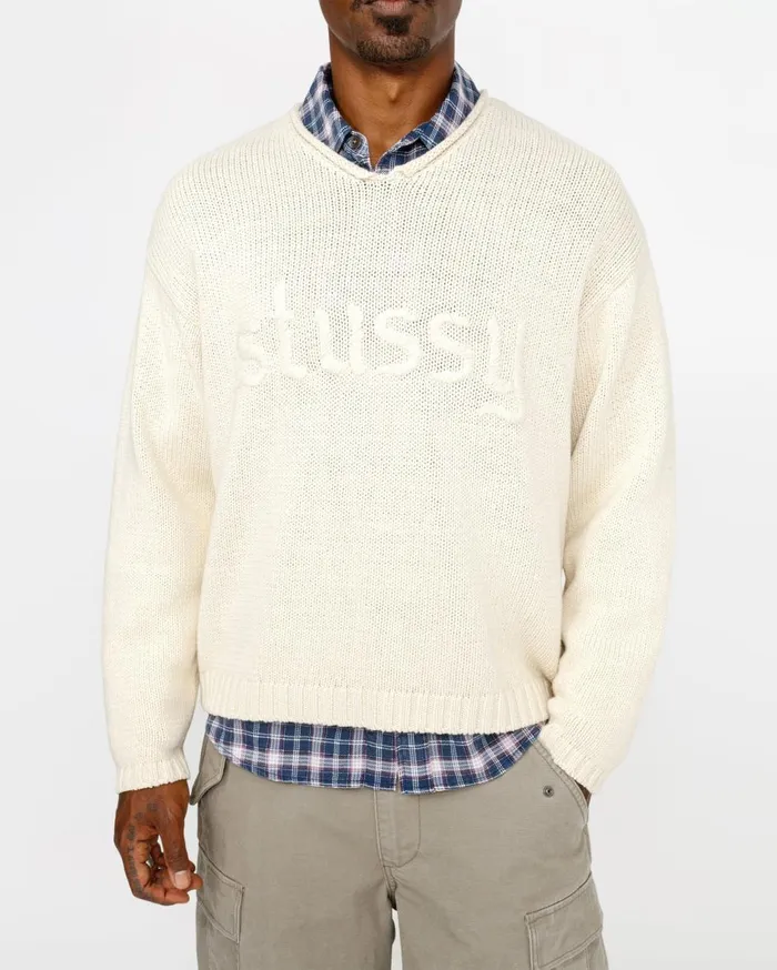 Knits MenWomen Stussy EMBROIDERED VNECK LOGO SWEATER Natural