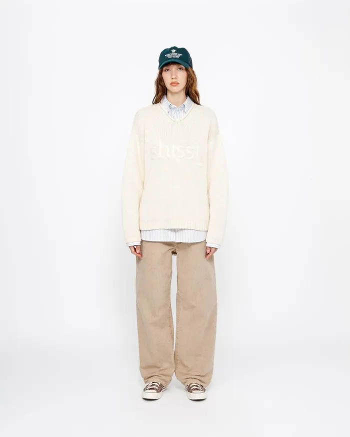 Knits MenWomen Stussy EMBROIDERED VNECK LOGO SWEATER Natural