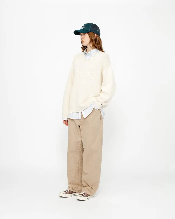 Knits MenWomen Stussy EMBROIDERED VNECK LOGO SWEATER Natural