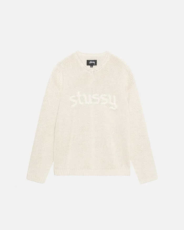 Knits MenWomen Stussy EMBROIDERED VNECK LOGO SWEATER Natural