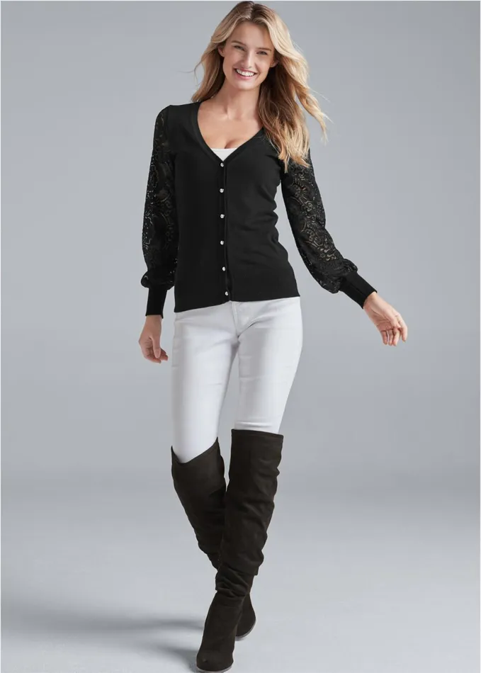LACE SLEEVE CARDIGAN Black Women VENUS Cardigans and Dusters