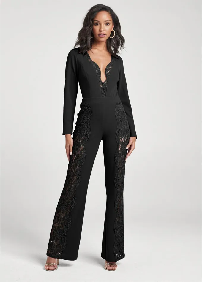 LACE TRIM JUMPSUIT Black Women VENUS Jumpsuits