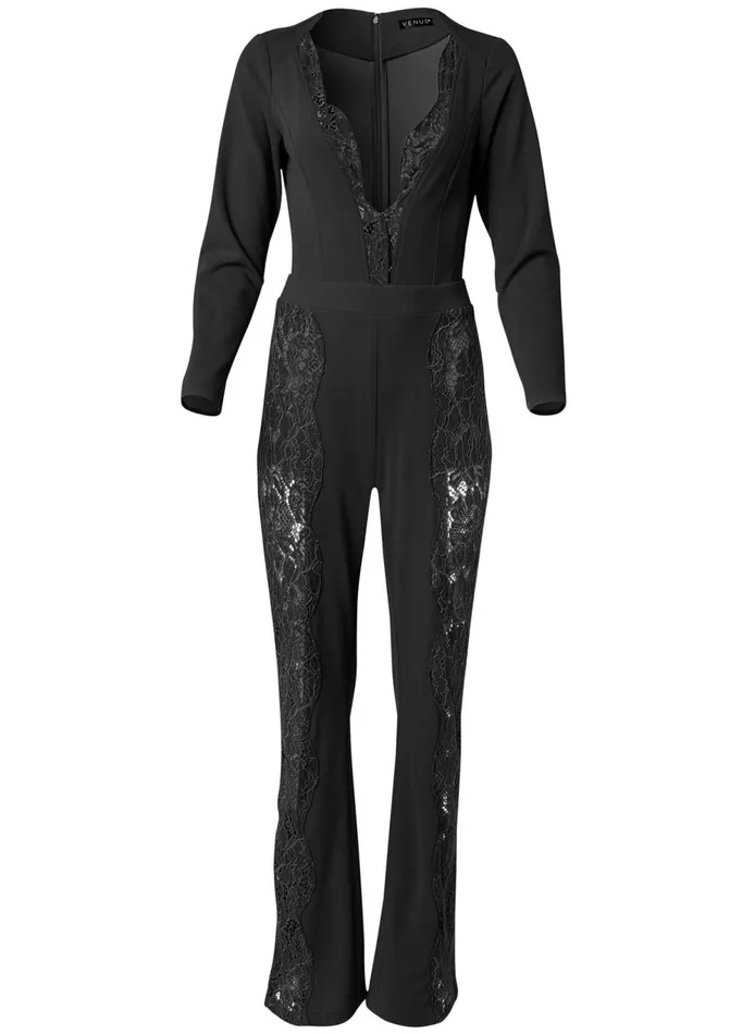 LACE TRIM JUMPSUIT Black Women VENUS Jumpsuits