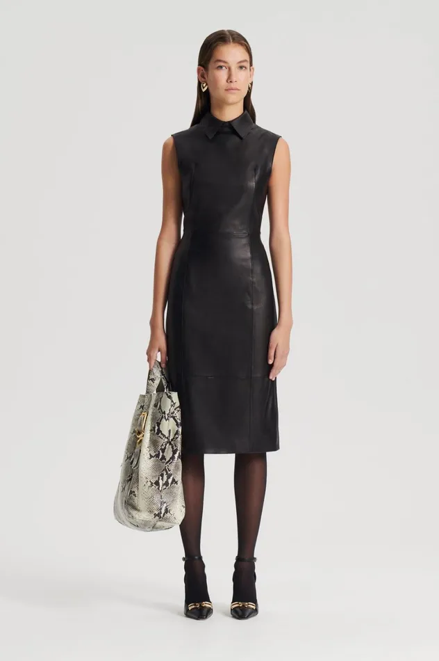 Leather Women Scanlan Theodore LEATHER PENCIL DRESS Black
