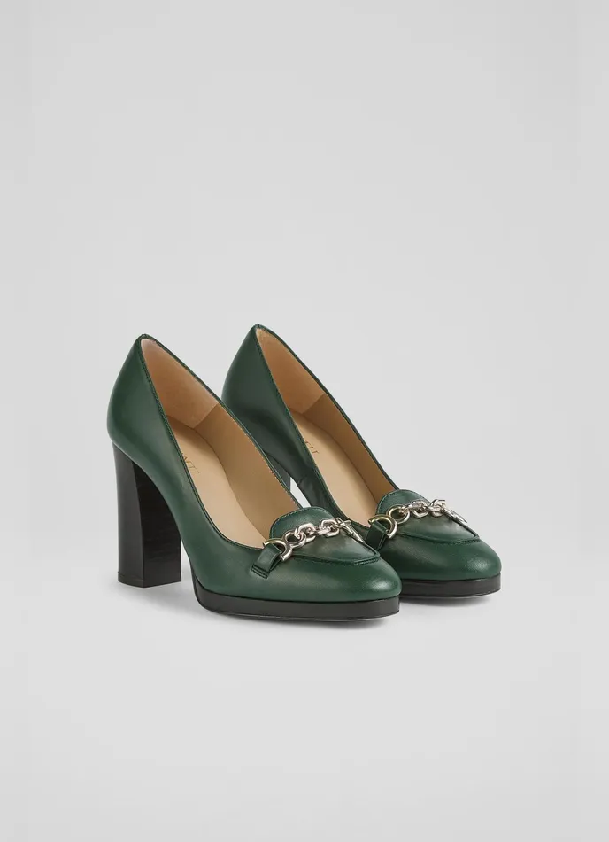 LK Bennett Attley Green Leather Platform Loafers Women Court Shoes