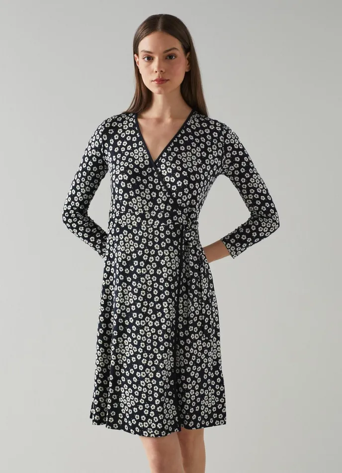 LK Bennett Audrey Navy And Cream Daisy Print Jersey Wrap Dress Women Dresses