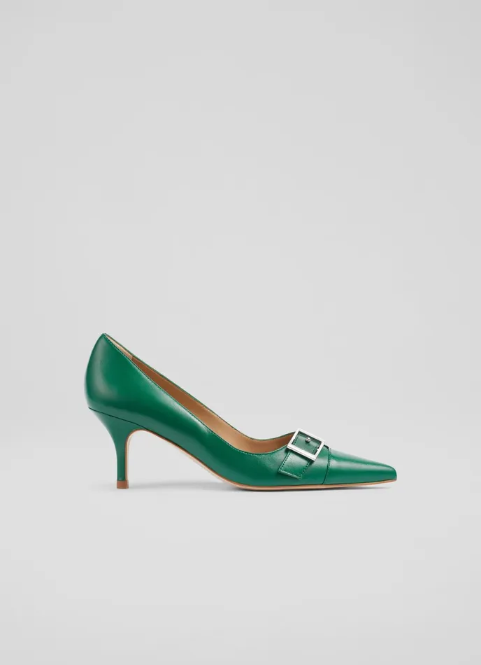 LK Bennett Billie Green Leather BuckleDetail Courts Women Court Shoes