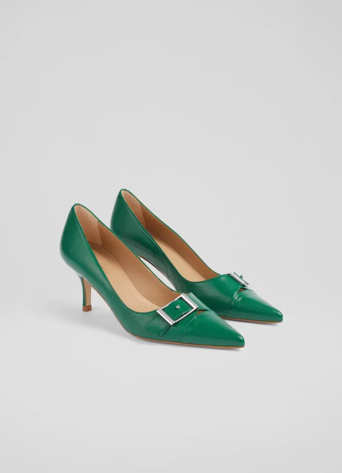 LK Bennett Billie Green Leather BuckleDetail Courts Women Court Shoes