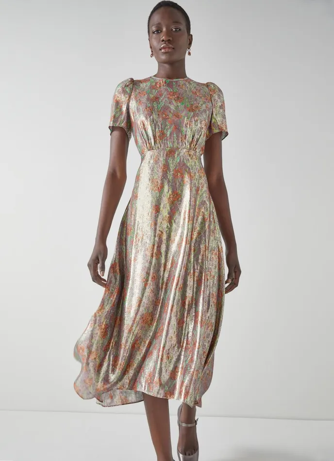 LK Bennett Boyd Floral Print Metallic Silk Midi Dress Women Dresses