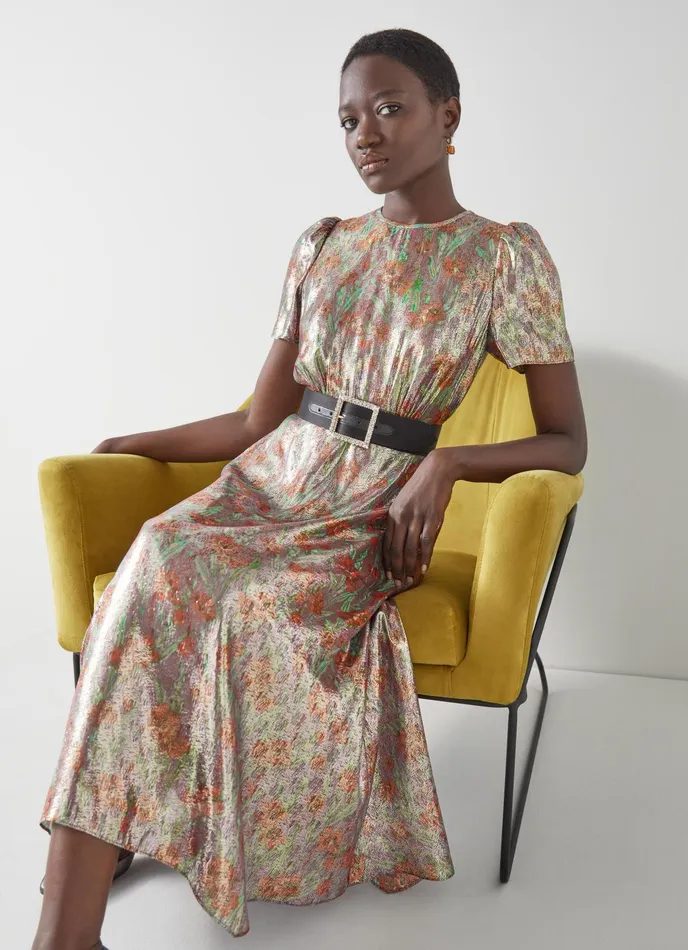 LK Bennett Boyd Floral Print Metallic Silk Midi Dress Women Dresses