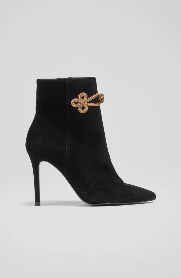LK Bennett Delphine Black Suede And Gold Brocade Ankle Boots Women Boots