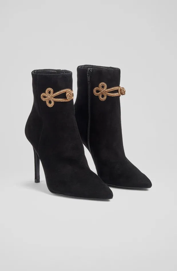 LK Bennett Delphine Black Suede And Gold Brocade Ankle Boots Women Boots