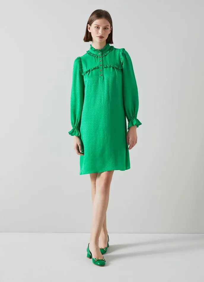 LK Bennett Edie Green SilkBlend Ruffle Collar Dress Women Dresses