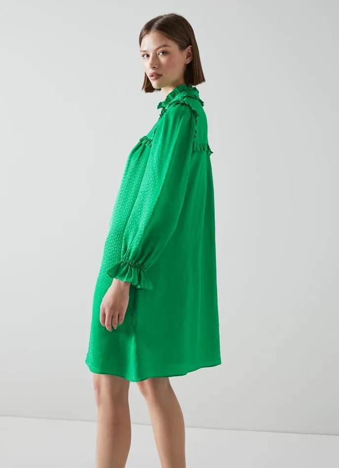 LK Bennett Edie Green SilkBlend Ruffle Collar Dress Women Dresses