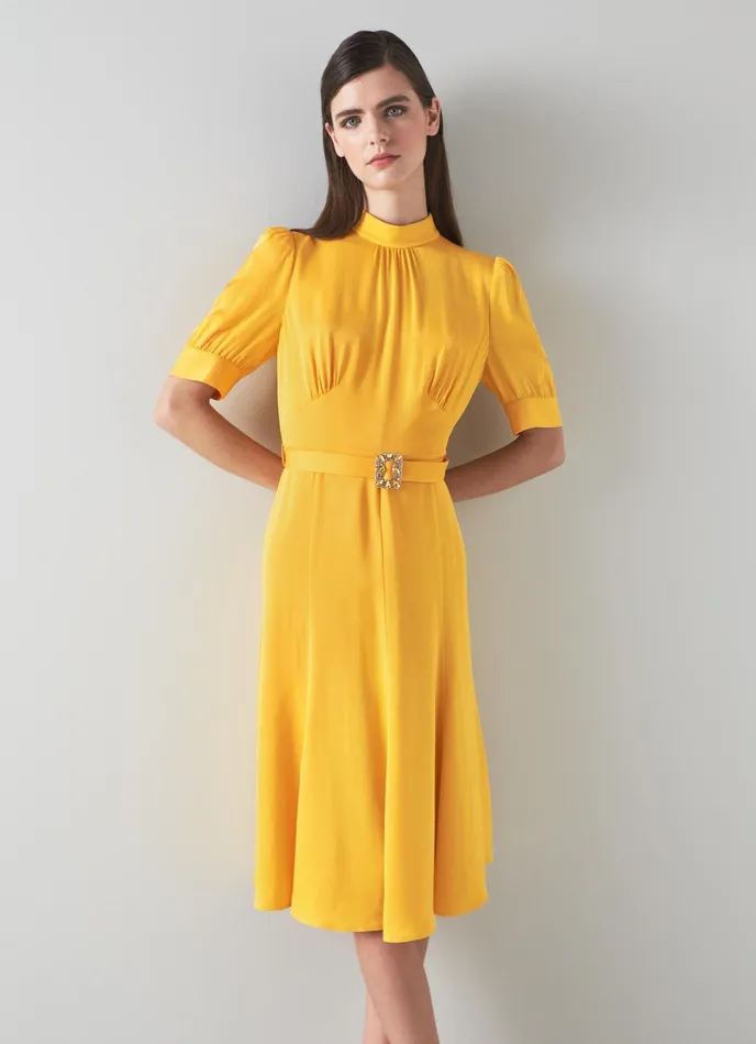 LK Bennett India Yellow Satin CrystalBuckle Dress Women Dresses