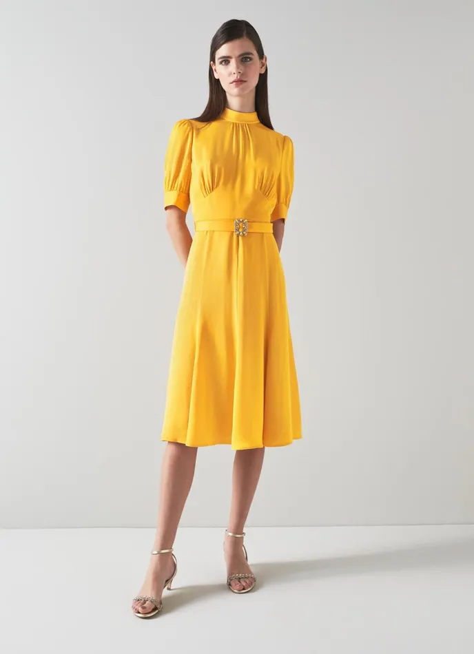 LK Bennett India Yellow Satin CrystalBuckle Dress Women Dresses