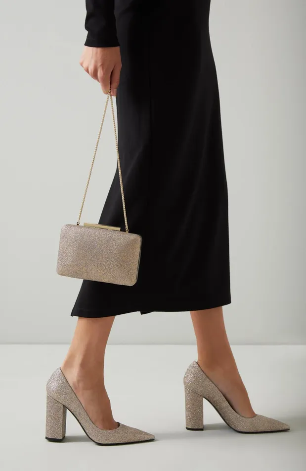 LK Bennett June Gold Glitter Blunt Toe Courts Women Court Shoes
