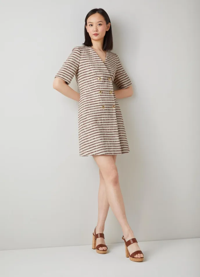 LK Bennett Oxlade Brown And Cream Stripe Italian Tweed Dress Women Dresses