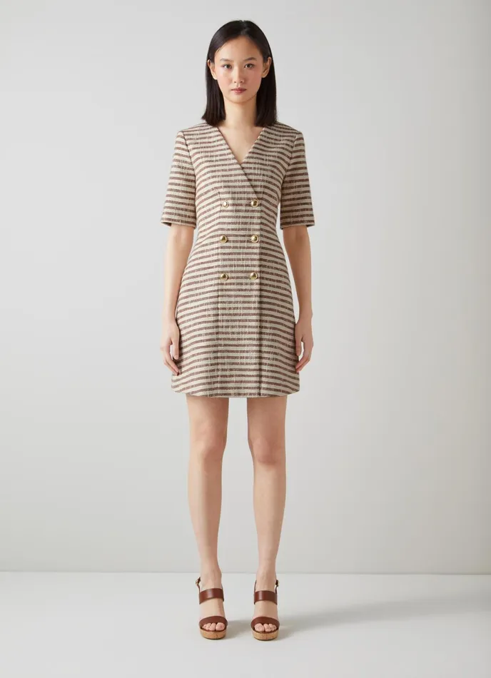 LK Bennett Oxlade Brown And Cream Stripe Italian Tweed Dress Women Dresses