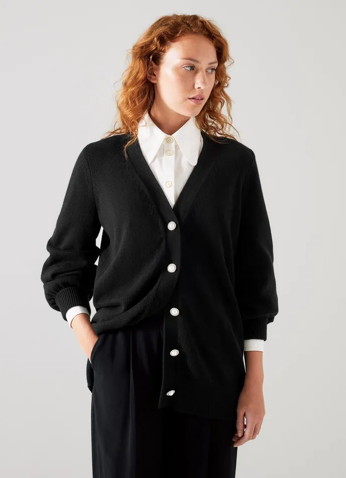 LK Bennett Rosy Black Cotton And Sustainably Sourced Merino Long Cardigan Women Knitwear
