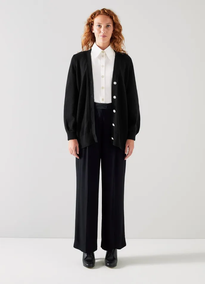 LK Bennett Rosy Black Cotton And Sustainably Sourced Merino Long Cardigan Women Knitwear