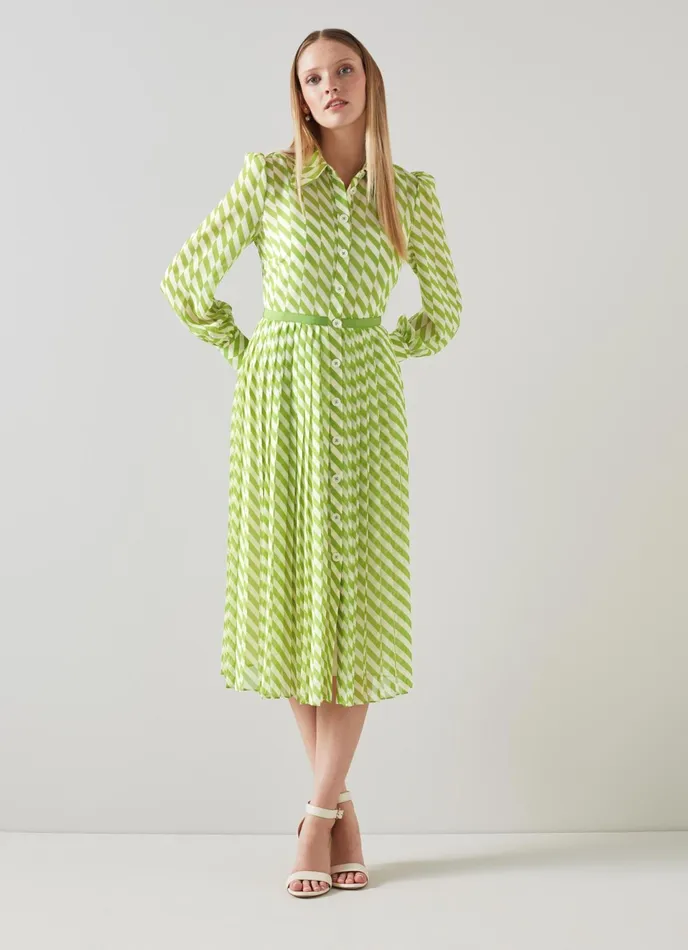 LK Bennett Tallis Green And Cream Graphic Stripe Shirt Dress Women Dresses