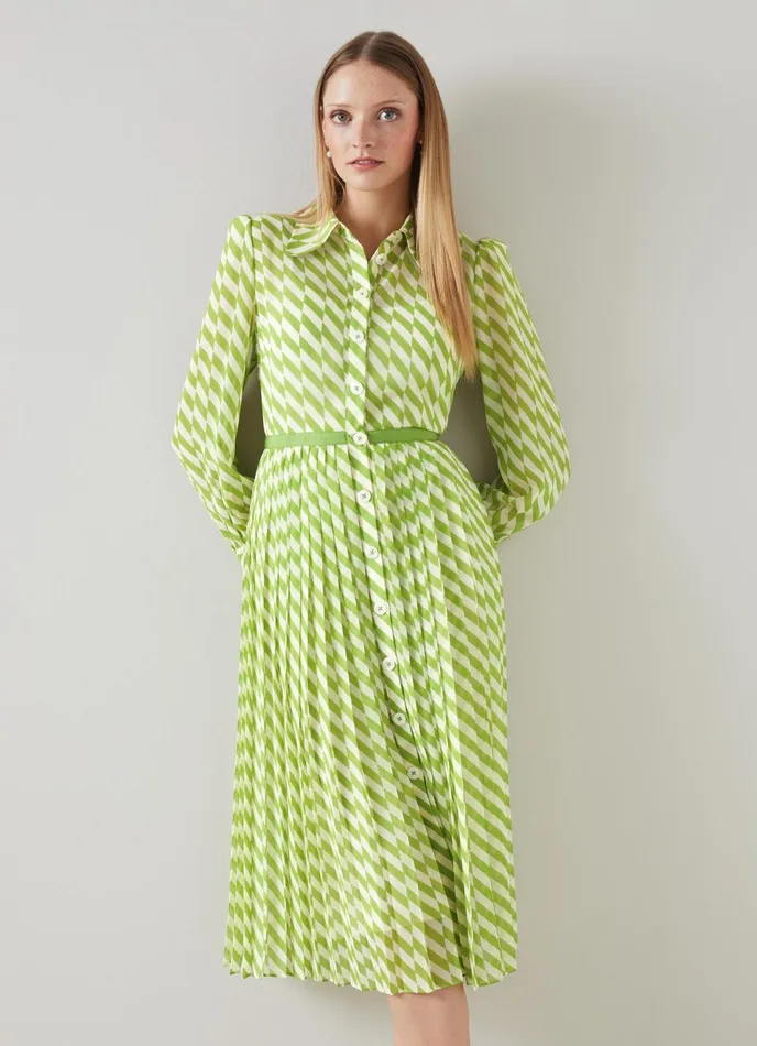 LK Bennett Tallis Green And Cream Graphic Stripe Shirt Dress Women Dresses