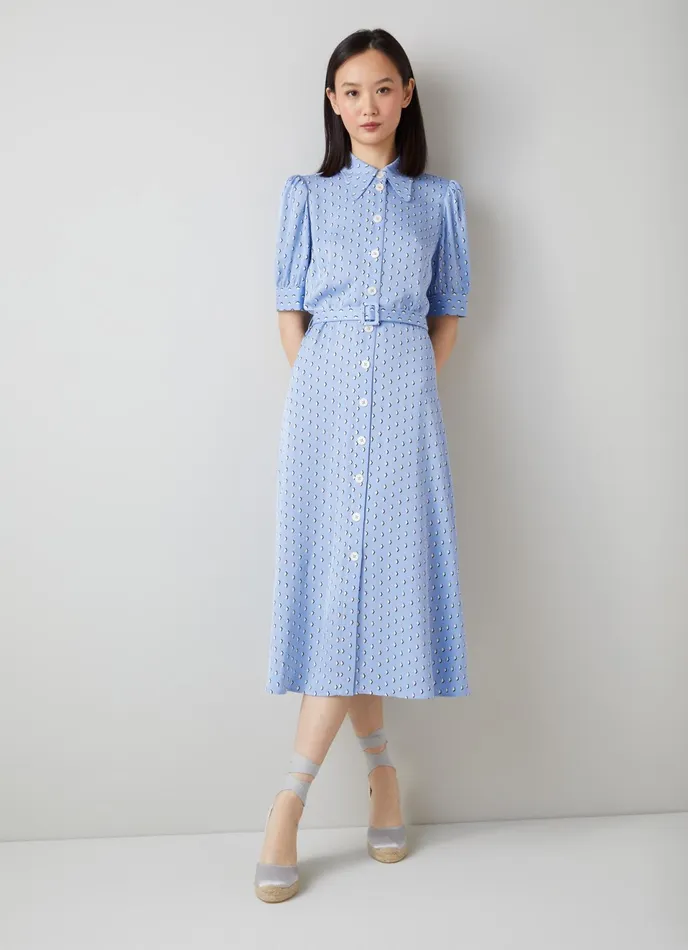 LK Bennett Valerie Blue And Cream Graphic Diamond Print Shirt Dress Women Dresses
