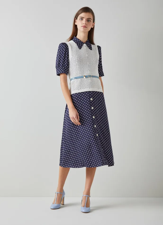 LK Bennett Valerie Blue And Cream Graphic Diamond Print Shirt Dress Women Dresses