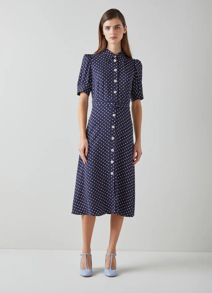 LK Bennett Valerie Blue And Cream Graphic Diamond Print Shirt Dress Women Dresses