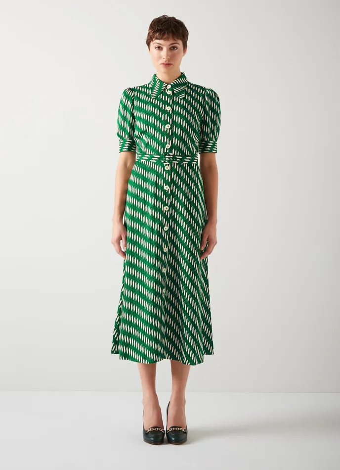 LK Bennett Valerie Blue And Cream Graphic Diamond Print Shirt Dress Women Dresses