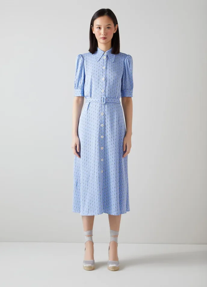 LK Bennett Valerie Blue And Cream Graphic Diamond Print Shirt Dress Women Dresses