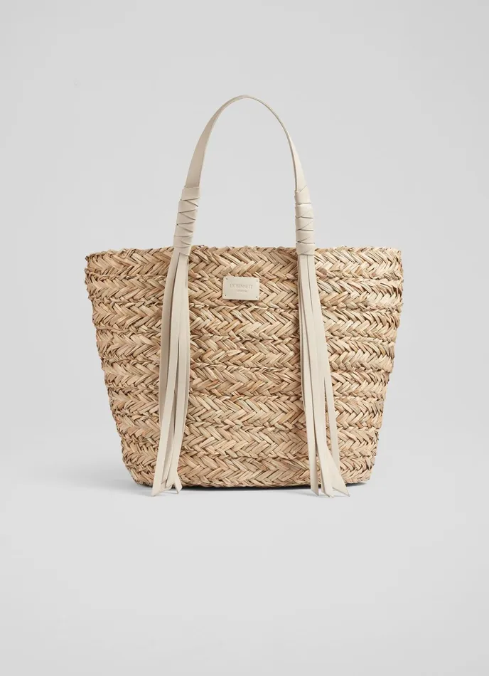 LK Bennett Violetta Cream Leather Tassel Straw Bag Women Tote Bags