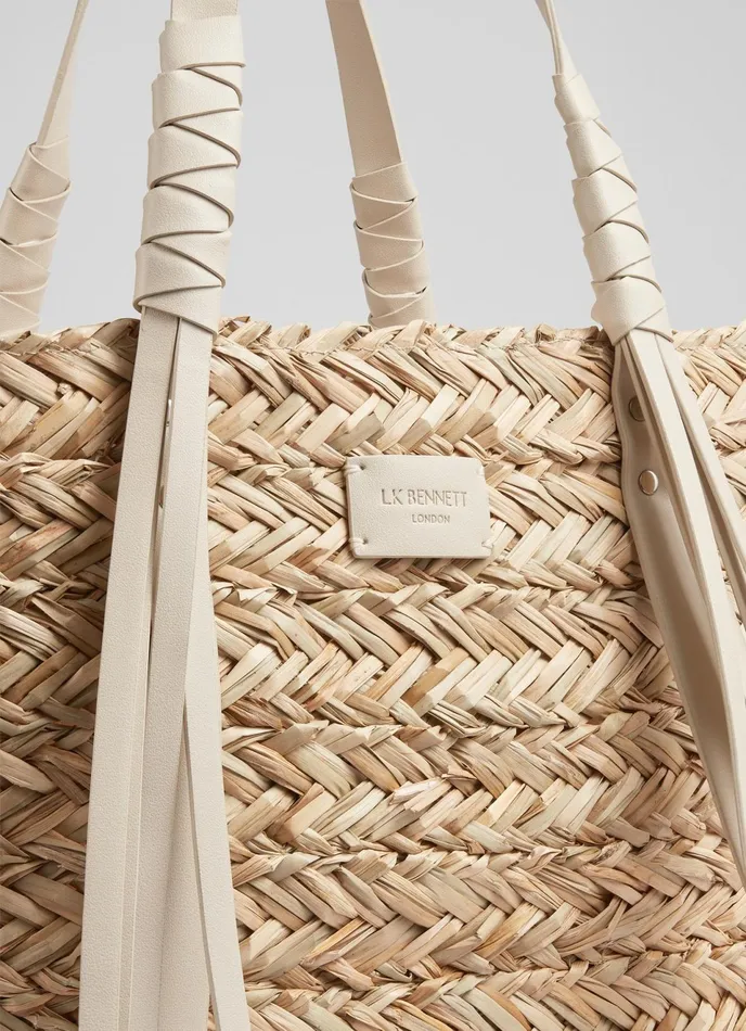 LK Bennett Violetta Cream Leather Tassel Straw Bag Women Tote Bags